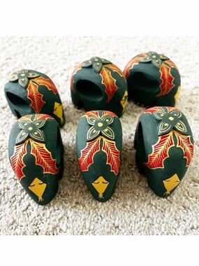 Green Elephant Wooden Napkin Rings Hand Painted Red Gold Holly Christmas 6x READ